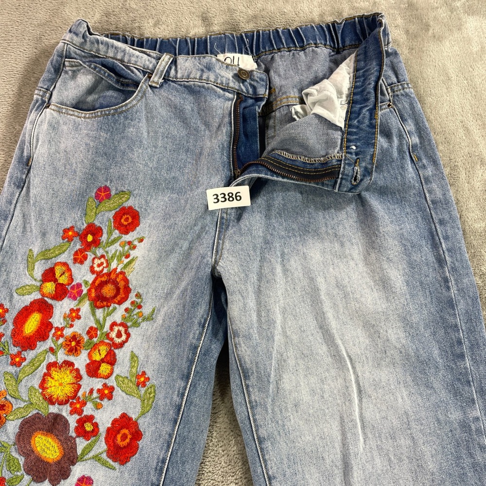 OH Jeans Floral Embroidered Jeans Womens XL Light‎ Blue Wide Leg Boho Relaxed